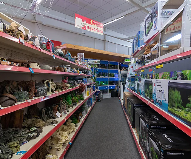 Aquaristikabteilung im Zoofachmarkt Brändle Konstanz mit Aquarienzubehör, Pflanzen und Dekoration